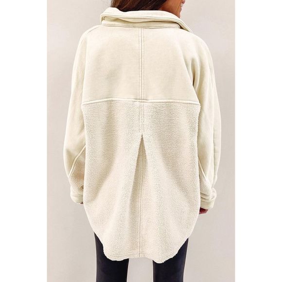 Azura Exchange  Beige Button-Up Stitching Pocket Raw Hem Shacket - Picture 2 of 5